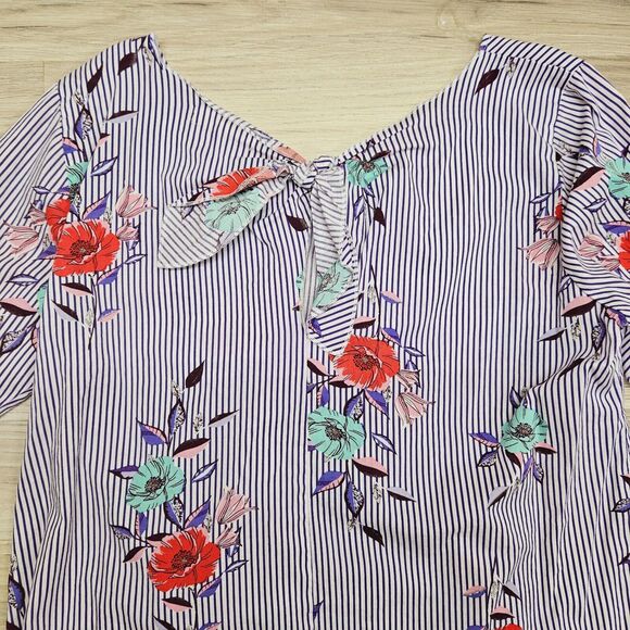 GRAND & GREENE Womens Purple Floral Stripe Ruffle Bell Sleeve Blouse Size L - Picture 6 of 8